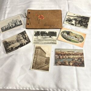 Vintage Suede Souvenir Postsl Book for Postcards & 7 vintage postcards